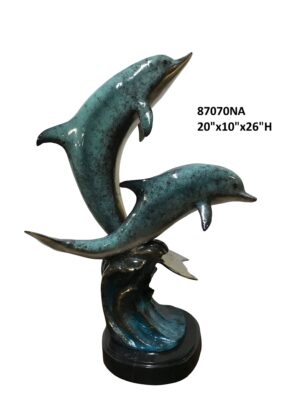 2 Dolphins Jumping Over Wave, Special Patina - 26"H