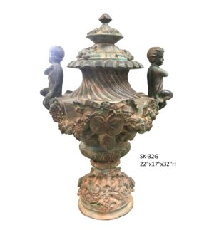 Classical Lidded Urn with Cherubs, Verdigris - 32"H
