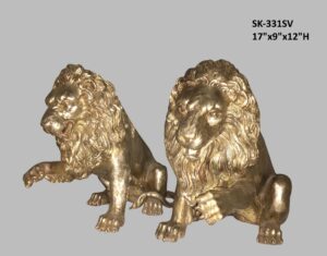 Pair of Sitting Lions with Paw Up, Silver Patina - 17"L