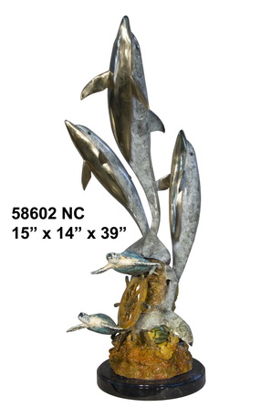 3 Dolphins with 2 Turtles, Special Patina - 39 in H