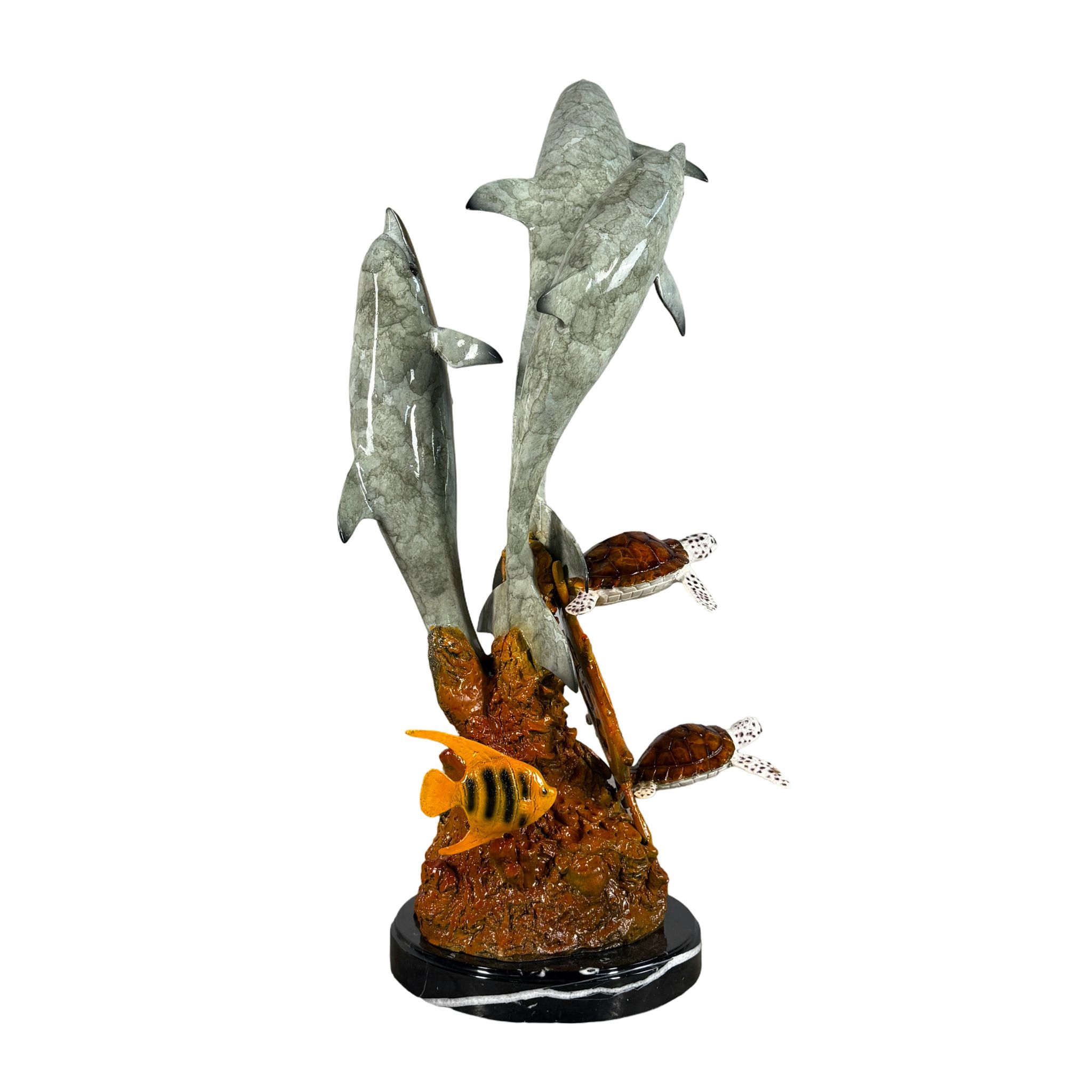 3 Dolphins with 2 Turtles, Special Patina - 39 in H - Image 6