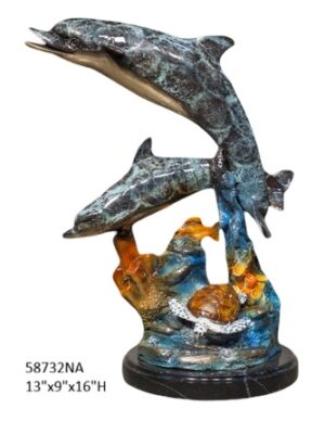 2 Dolphins with Turtle, Special Patina - 16 in H