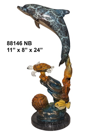 Dolphin with Turtle, Special Patina - 24"H